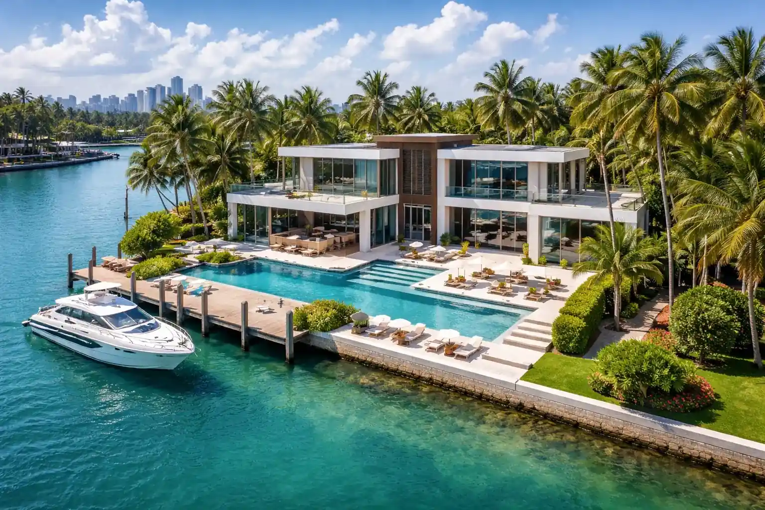 Aerial view of luxury island estate with pool and yacht among palm trees